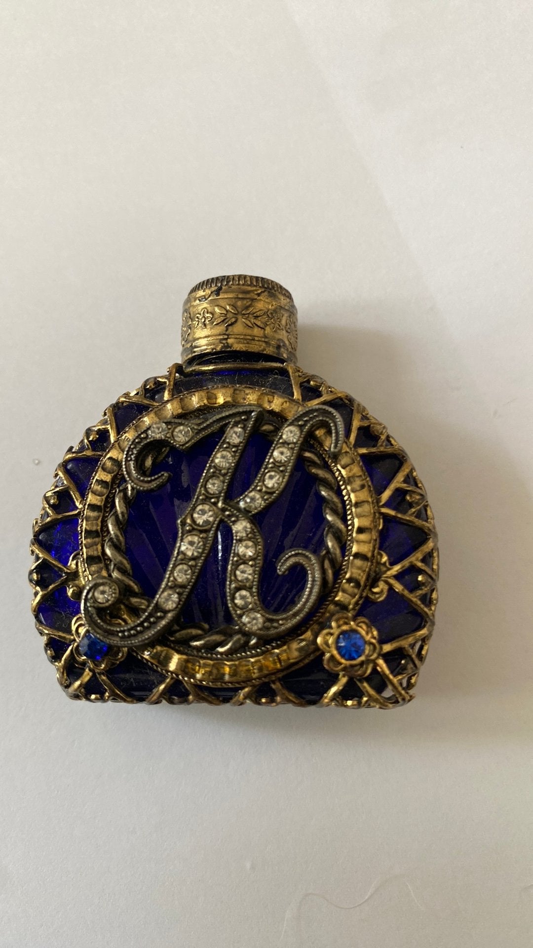 Vintage glazen kobalt bl parfumflesje tsjechisch, Ophalen of Verzenden