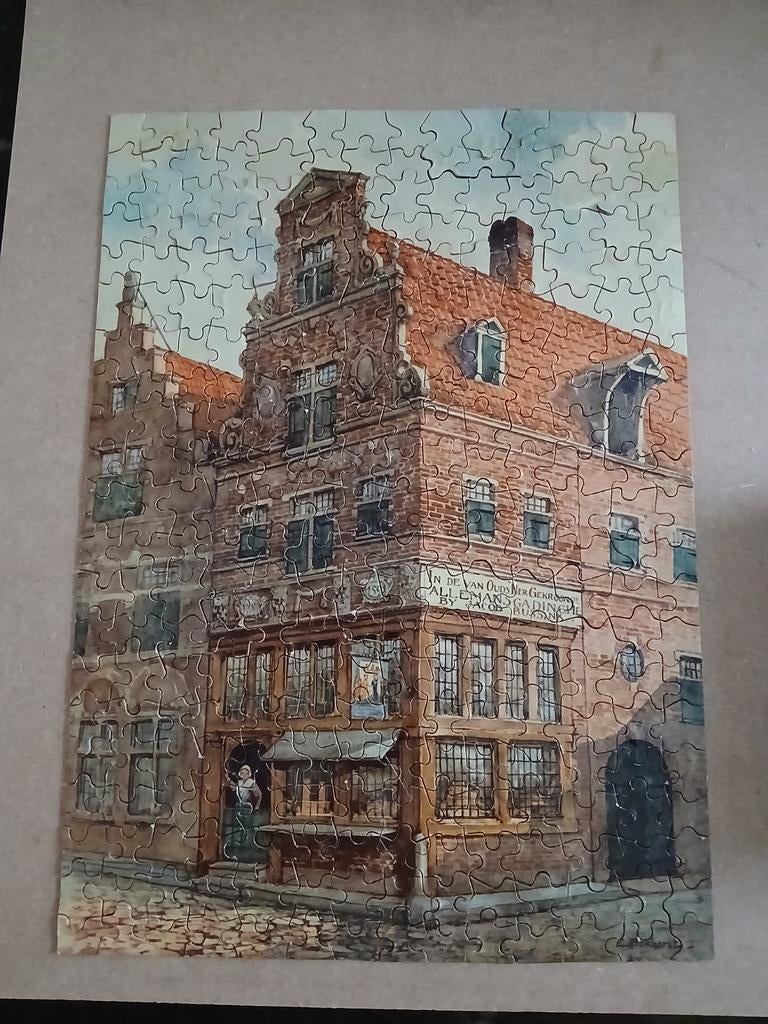 puzzel vintage  pand Deventer Bussink koek 1935, Ophalen of Verzenden, Minder dan 500 stukjes, Gebruikt, Legpuzzel