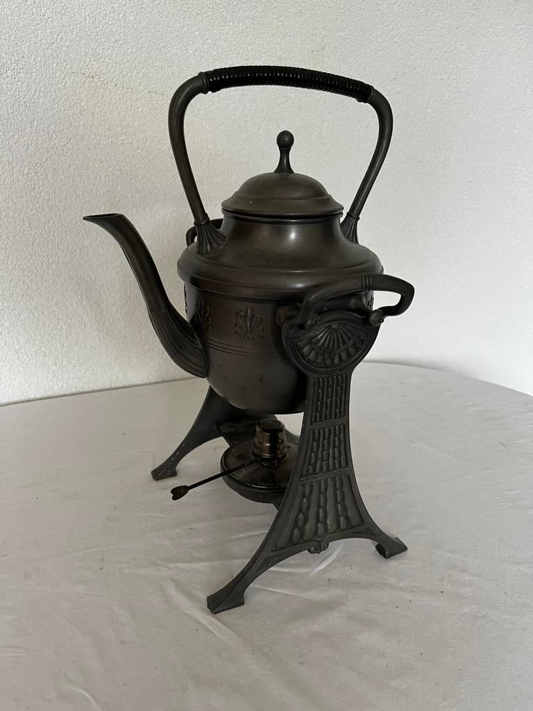 Oude Antieke Tinnen Kantelketel op Brander Kantel Thee Ketel, Ophalen of Verzenden