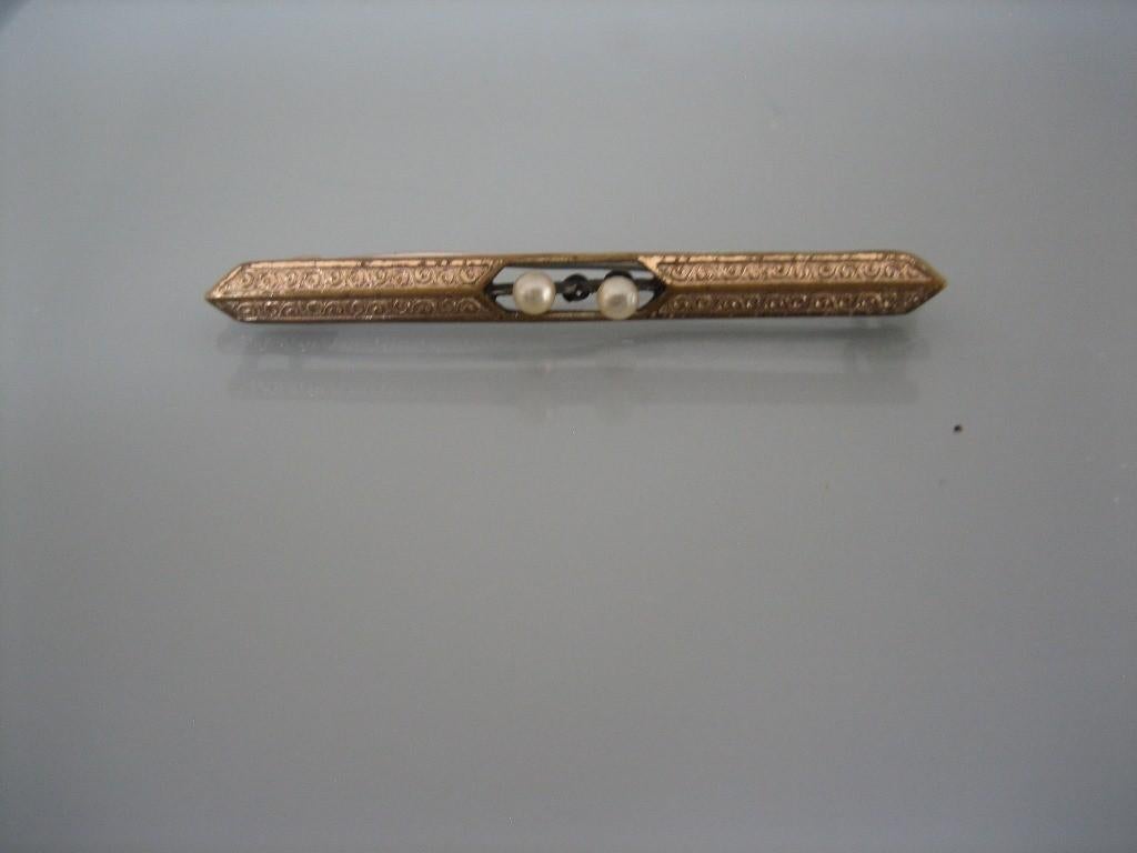 Vintage staafspeld / Bar Brooch met Pareltjes Art Deco stijl, Verzenden, Overige materialen, Broche, Verguld