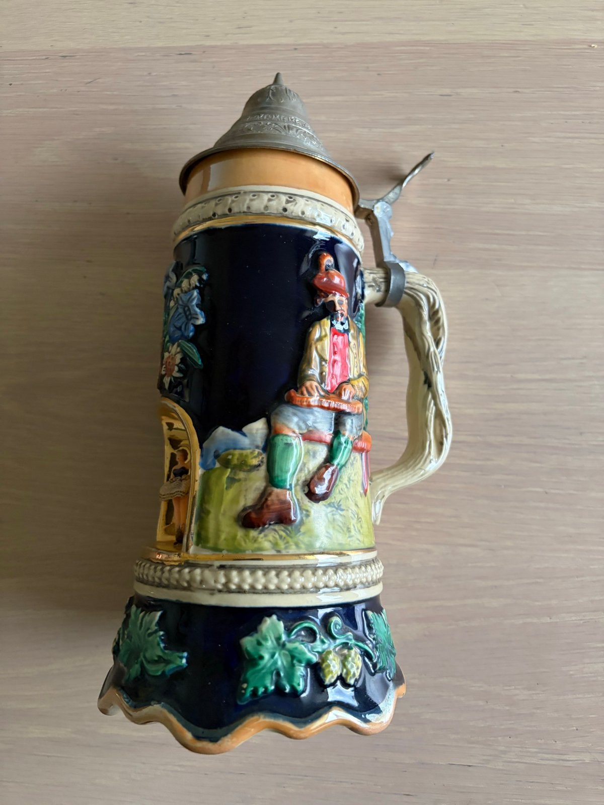 Vintage Duitse Bierpul met Speeldoos en Tinnen Deksel, Ophalen of Verzenden