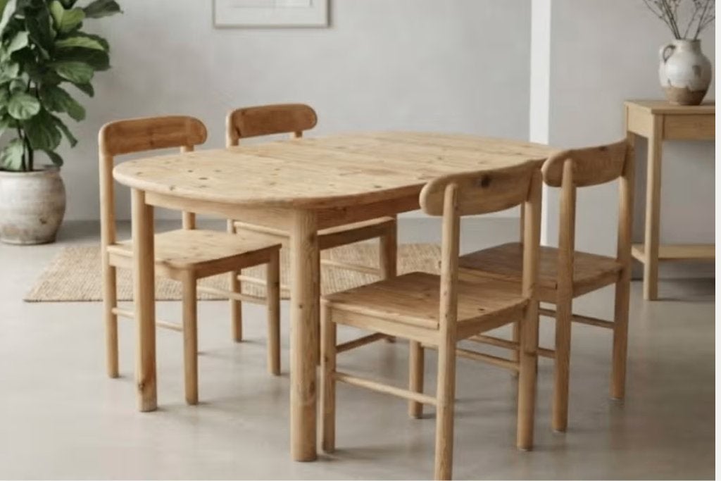 Vintage design Deense grenen stoelen & tafelset, Ophalen, Gebruikt, Rechthoekig, 50 tot 100 cm