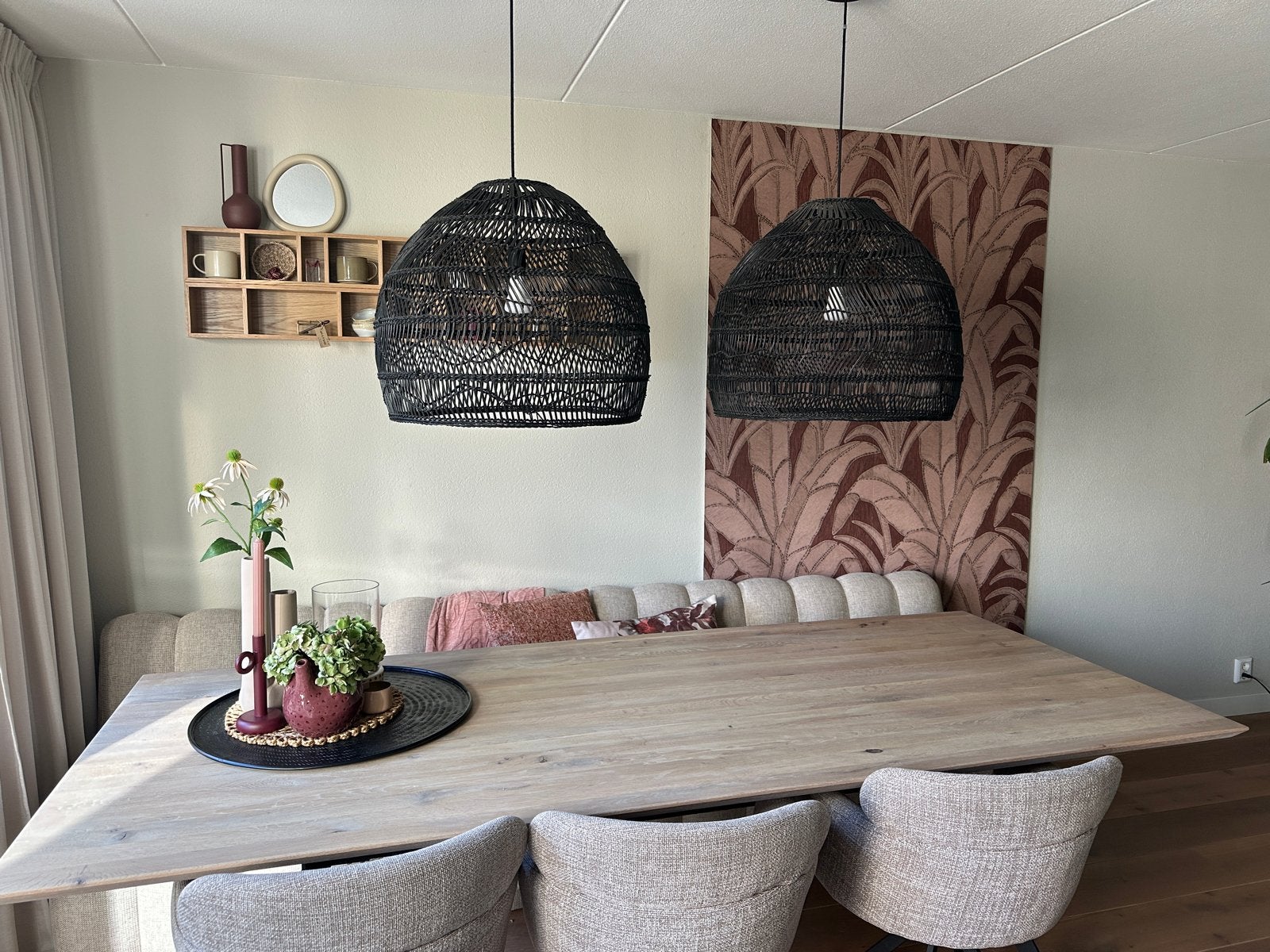 2x HK Living Hanglamp Rotan Zwart - Maat L, Huis en Inrichting, Ophalen, Zo goed als nieuw, Natuurlijk materiaal, E27 (groot)
