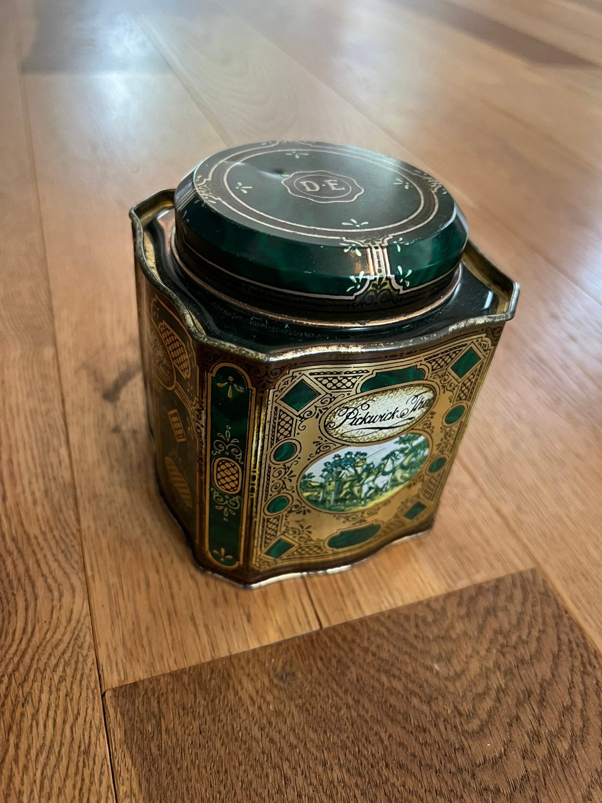 Vintage Douwe Egberts Pickwick Theeblik - Groen/Goud, Ophalen of Verzenden, Gebruikt, Koffie, Douwe Egberts