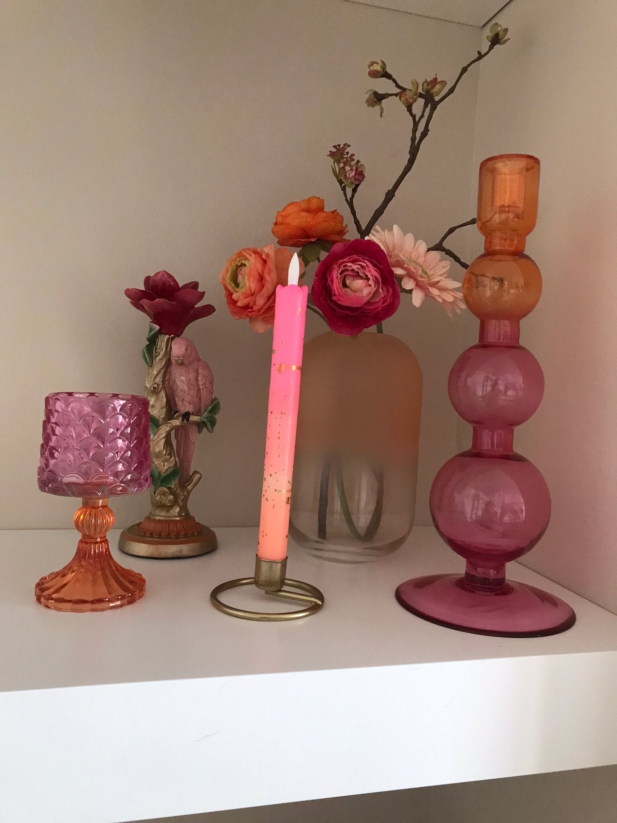 T.k.  roze/oranje set w.o. Led kaars, vaas met kunstbloemen, Ophalen, Overige stijlen, Roze, Zo goed als nieuw