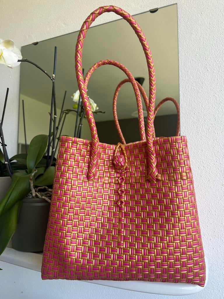 Unieke Handgemaakte Tas - Roze & Goud Vlechtwerk, Ophalen of Verzenden, Nieuw, Roze, Handtas