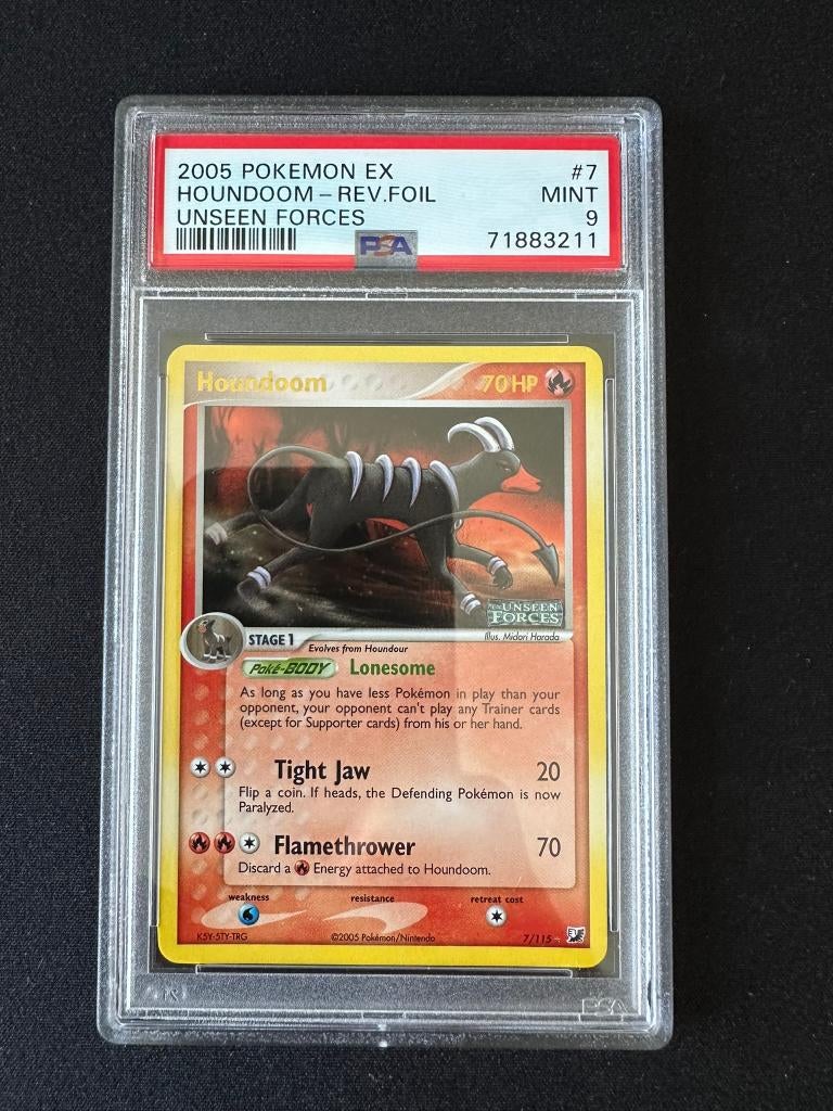 Houndoom reverse foil ex unseen forces psa 9, Ophalen of Verzenden, Zo goed als nieuw, Losse kaart, Foil
