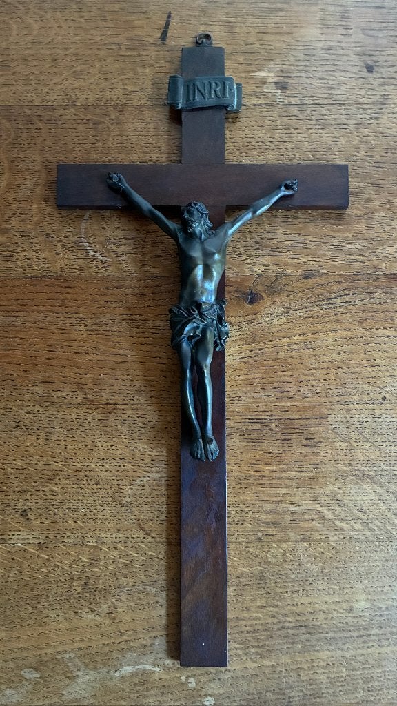 Antiek mahoniehouten kruis met koperen corpus - 19e eeuw, Antiek en Kunst, Ophalen of Verzenden