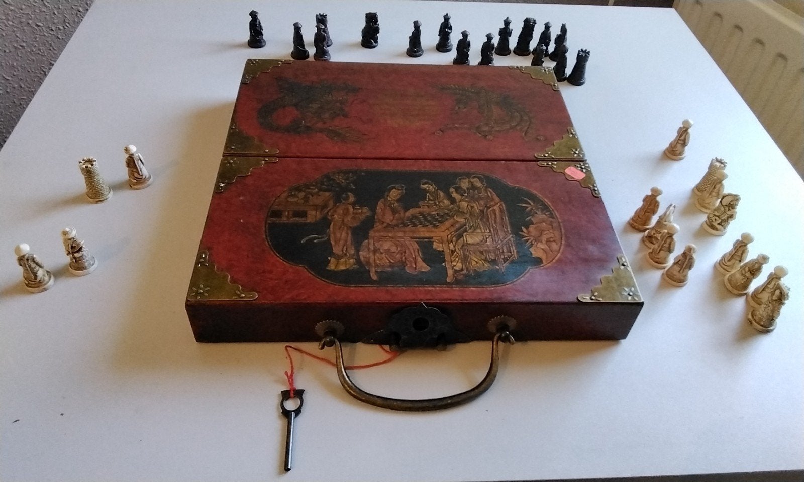 Vintage Chinees Schaakspel in Koffer - Reisspel, Gebruikt, Een of twee spelers, Onbekend, Ophalen of Verzenden