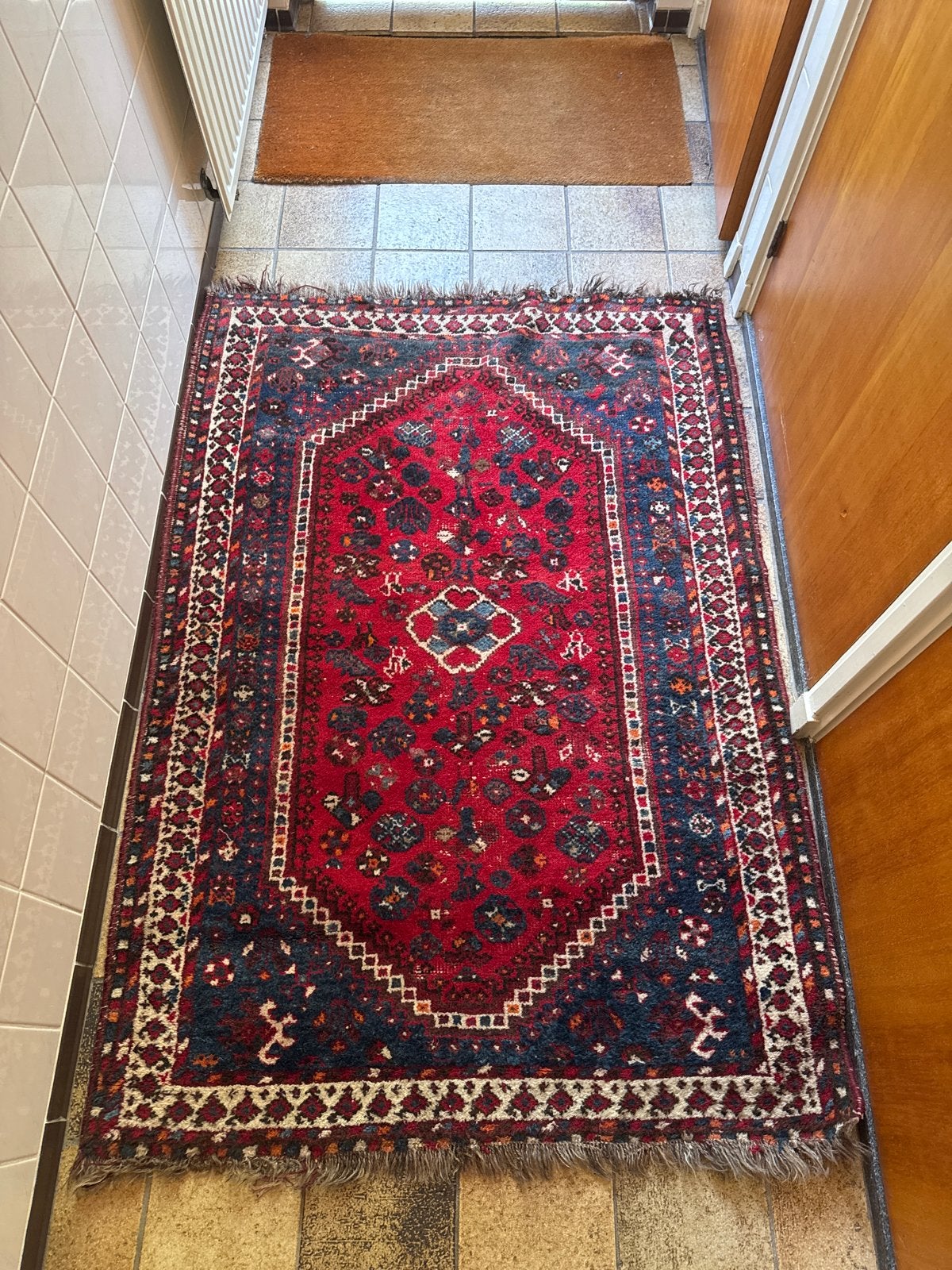 Handgeknoopt Perzisch tapijt - Rood/Blauw, Ophalen, Gebruikt, 100 tot 150 cm, 50 tot 100 cm