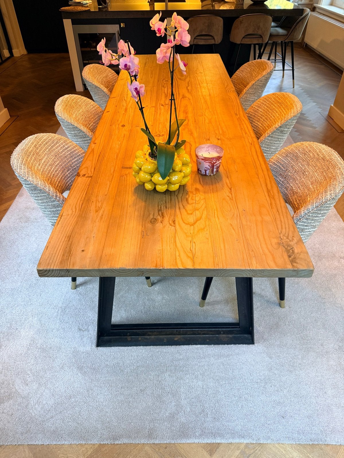 Robuuste houten eettafel met stalen onderstel, Ophalen, Gebruikt, 200 cm of meer, 50 tot 100 cm