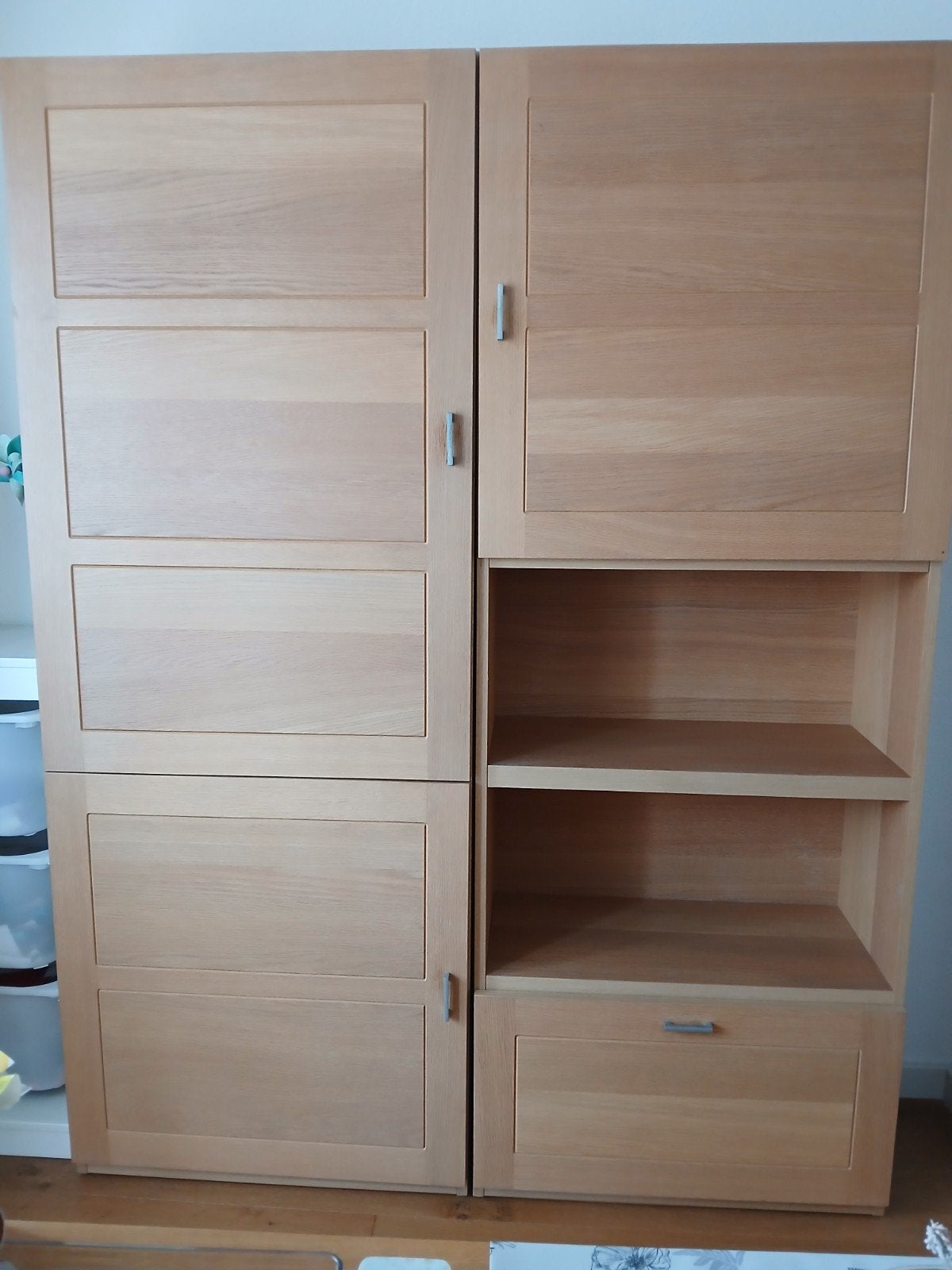 Set van 2 kasten in blank eikenfineer, Huis en Inrichting, Kasten | Boekenkasten, Ophalen, Gebruikt, Eikenhout, 150 tot 200 cm