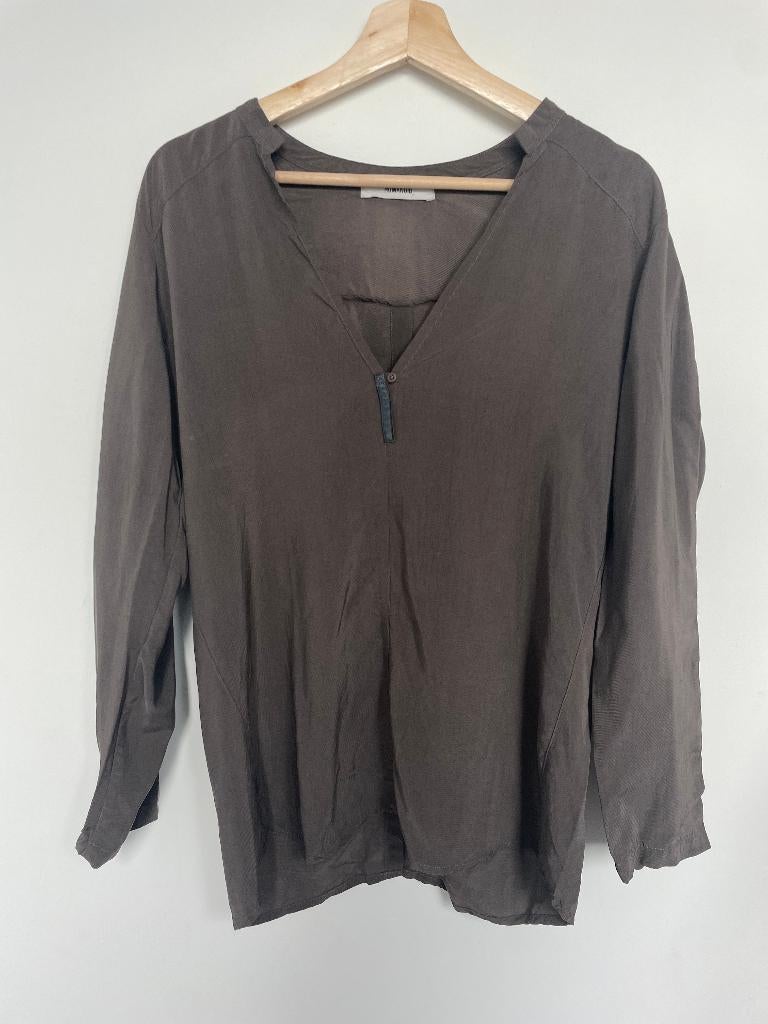 Humanoid bruine cupro kraagloze blouse met knopen S v-hals, Customercare@humanoid.nl, HUMANOID Collective B.V., Humanoid, Bruin