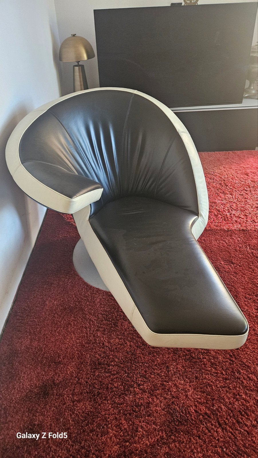 Moderne design fauteuil - Zwart en crème leer, Modern design, Gebruikt, Zwart, Leer