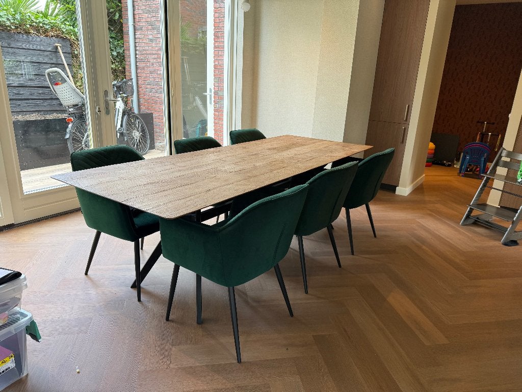 6 groene velvet eetkamerstoelen met armleuning, Huis en Inrichting, Stoelen, Ophalen, Gebruikt, Overige kleuren, Stof