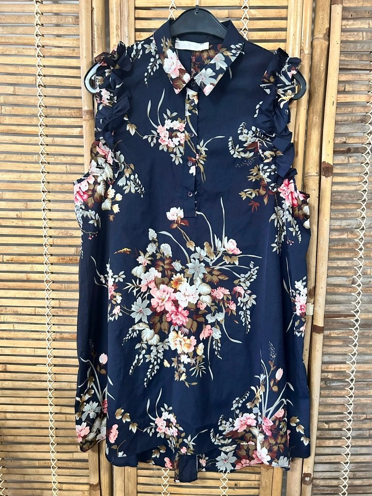 Flamant Rose donkerblauwe bloemenjurk dames L 40, Blauw, Maat 42/44 (L), Zo goed als nieuw, Boven de knie