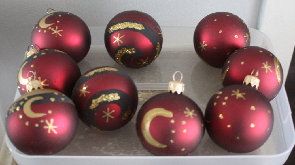 set van 9 gazen kerstballen maan ster print rood, Ophalen of Verzenden, Gebruikt