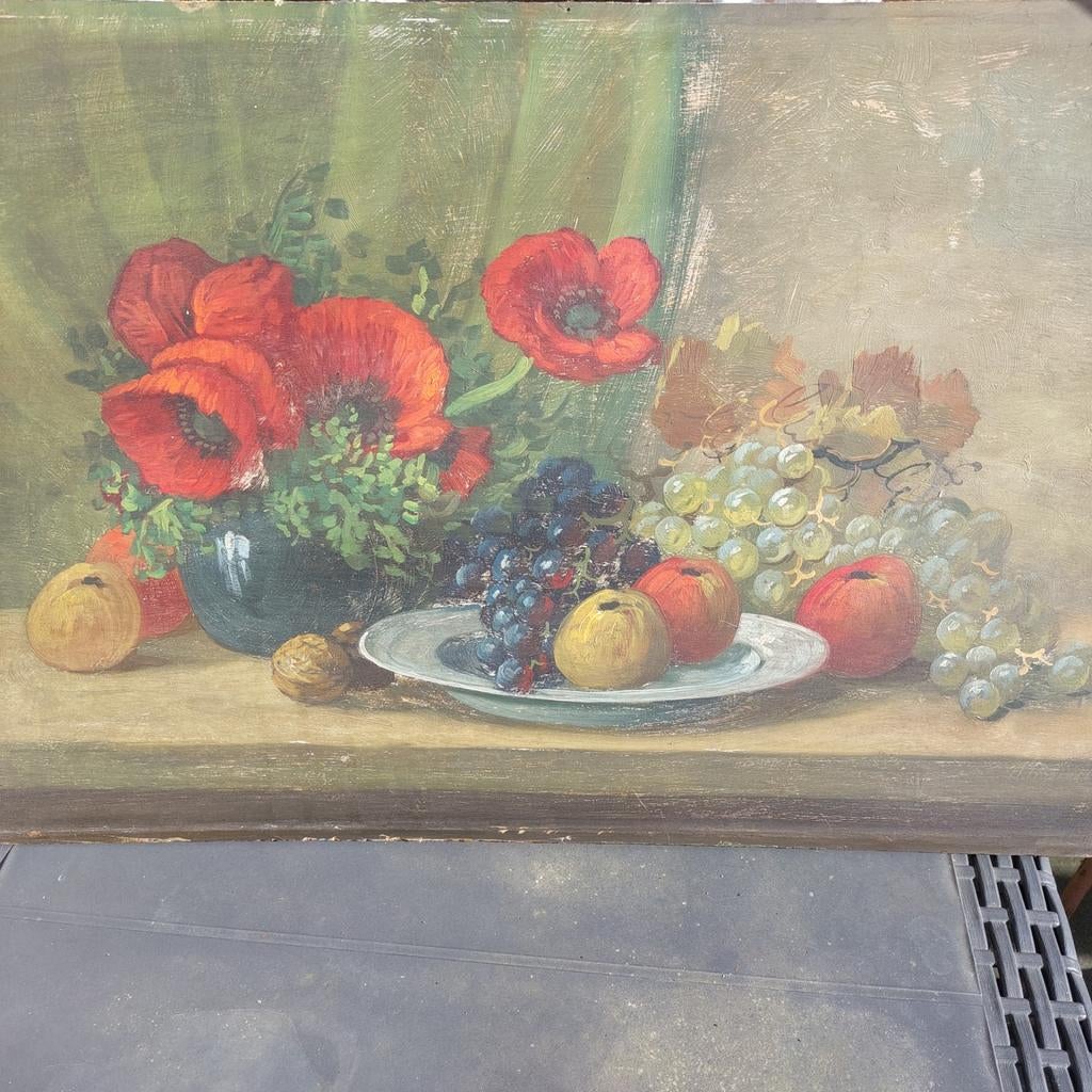 Schilderij stilleven bloemen en fruit. H. Hubregtse, Ophalen of Verzenden