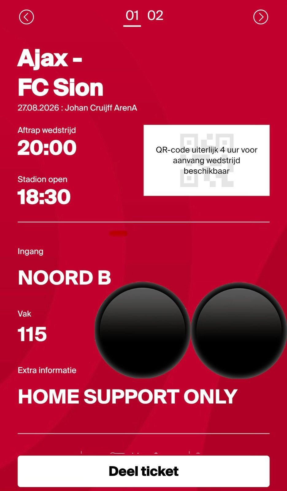 Te koop. 2 tickets. Ajax Sion. Noord B. Naast elkaar., Tickets en Kaartjes, Sport | Voetbal, Twee personen