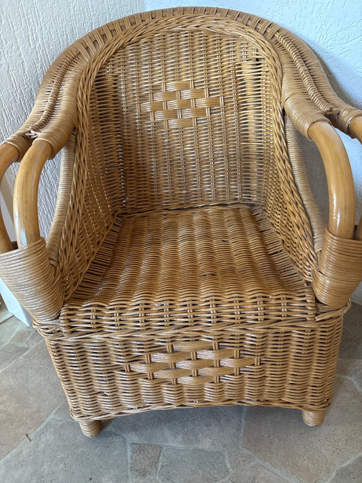 Rotan stoel  kindermaat - Vintage rieten fauteuil, Ophalen, Gebruikt, Bruin, Riet of Rotan