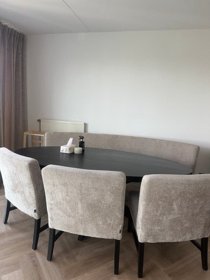 Complete eettafel set: bank, 3 stoelen en tafel, Ophalen, Zo goed als nieuw, Vijf personen of meer, 200 cm of meer