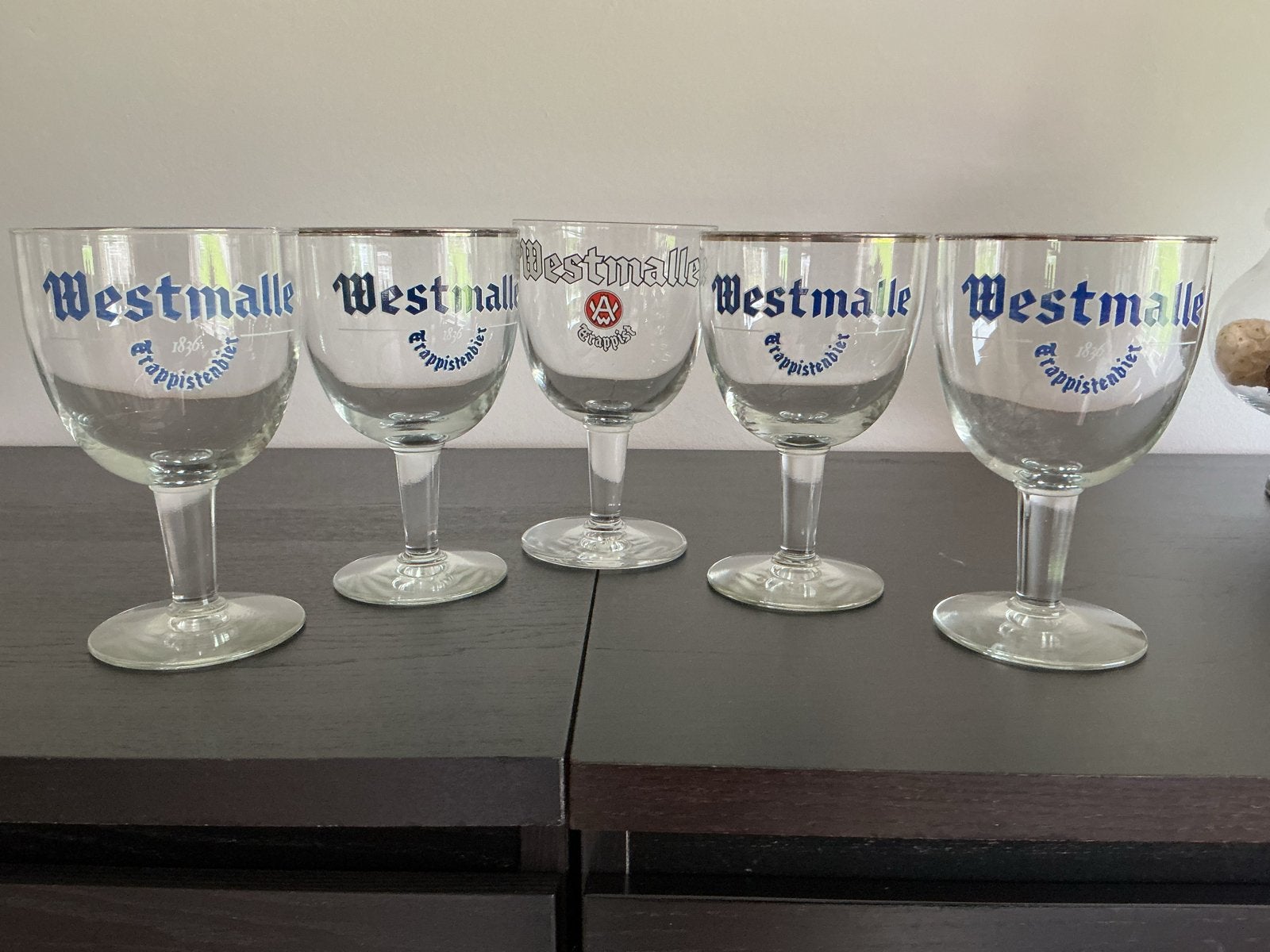 Vintage Westmalle bierglazen met blauwe letters, Ophalen of Verzenden