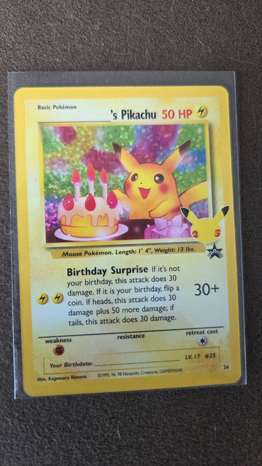 Pokemon kaart: Birthday Pikachu (WOTC Promo #24), Ophalen of Verzenden, Zo goed als nieuw, Losse kaart