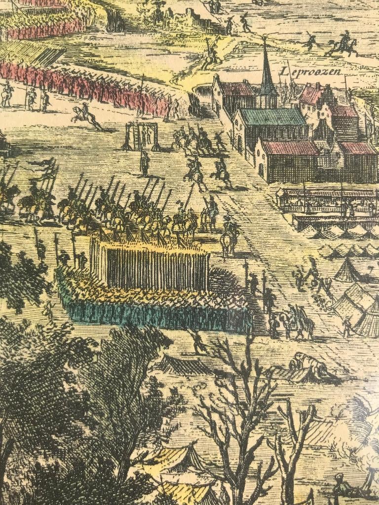 gravure ingekleurd het beleg van haarlem coenraet decker, Handgekleurd, Stadsgezicht, 43 cm, 50 cm