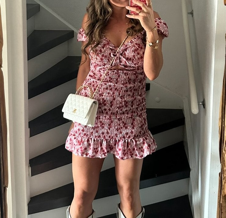 Chiquelle rood - roze bloemen jurkje in maat M, Kleding | Dames, Ophalen of Verzenden, Zo goed als nieuw, Maat 38/40 (M), Rood