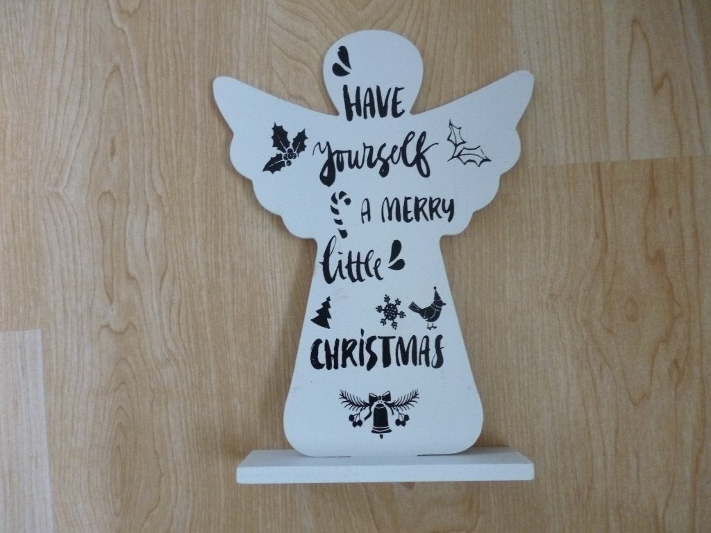 kerst engel bord met voet en met tekst klein, Ophalen of Verzenden