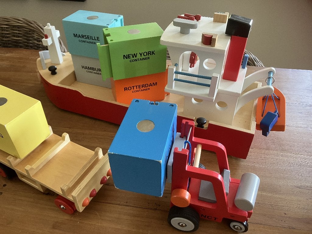Super complete Houten Containerboot speelset, Kinderen en Baby's, Speelgoed | Houten speelgoed, Ophalen of Verzenden, Gebruikt