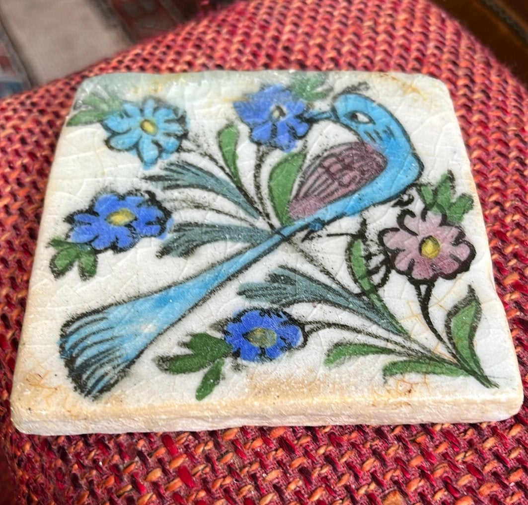 19e eeuw Iznik Qajar Tegel met Vogel en Bloemen, Ophalen of Verzenden