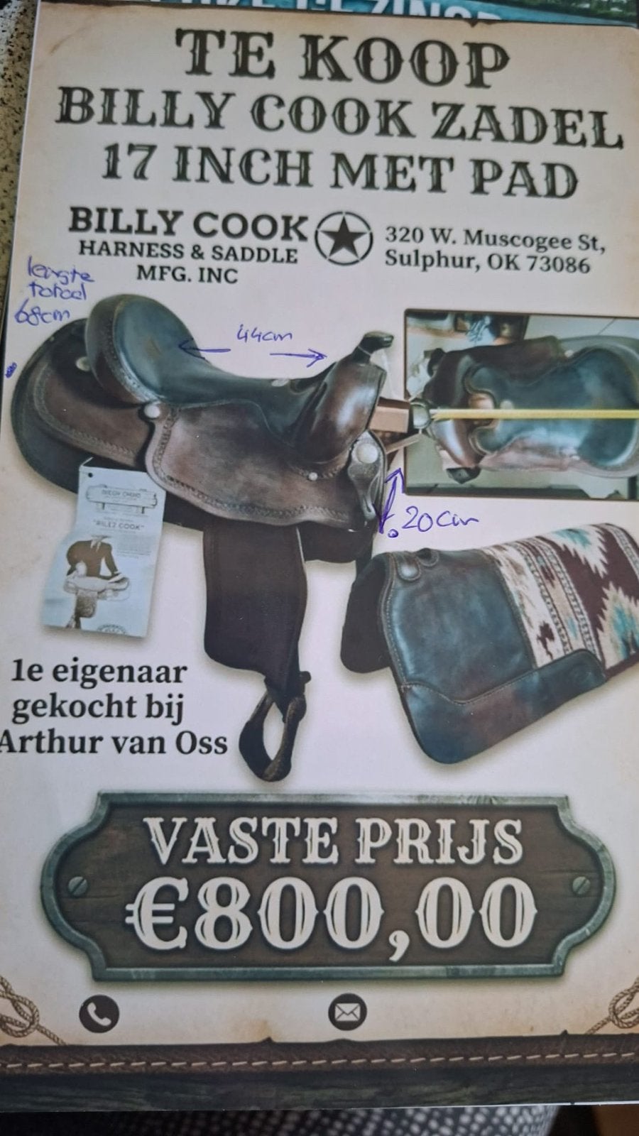 Billy cook westernzadel 17 inch, Dieren en Toebehoren, Ophalen, Gebruikt, Overige merken, M (17 inch)