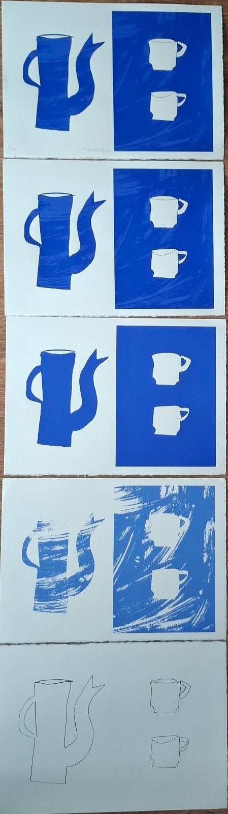 Klaas Gubbels - Koffiekan met kopjes (set van 5 zeefdrukken), Antiek en Kunst, Ophalen of Verzenden