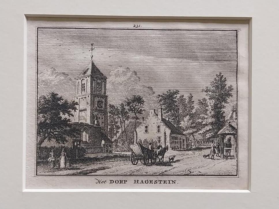 Gravure 'Het Dorp Hagestein' 1760, Stadsgezicht, Ophalen of Verzenden, 1700 - 1799, Met passe-partout
