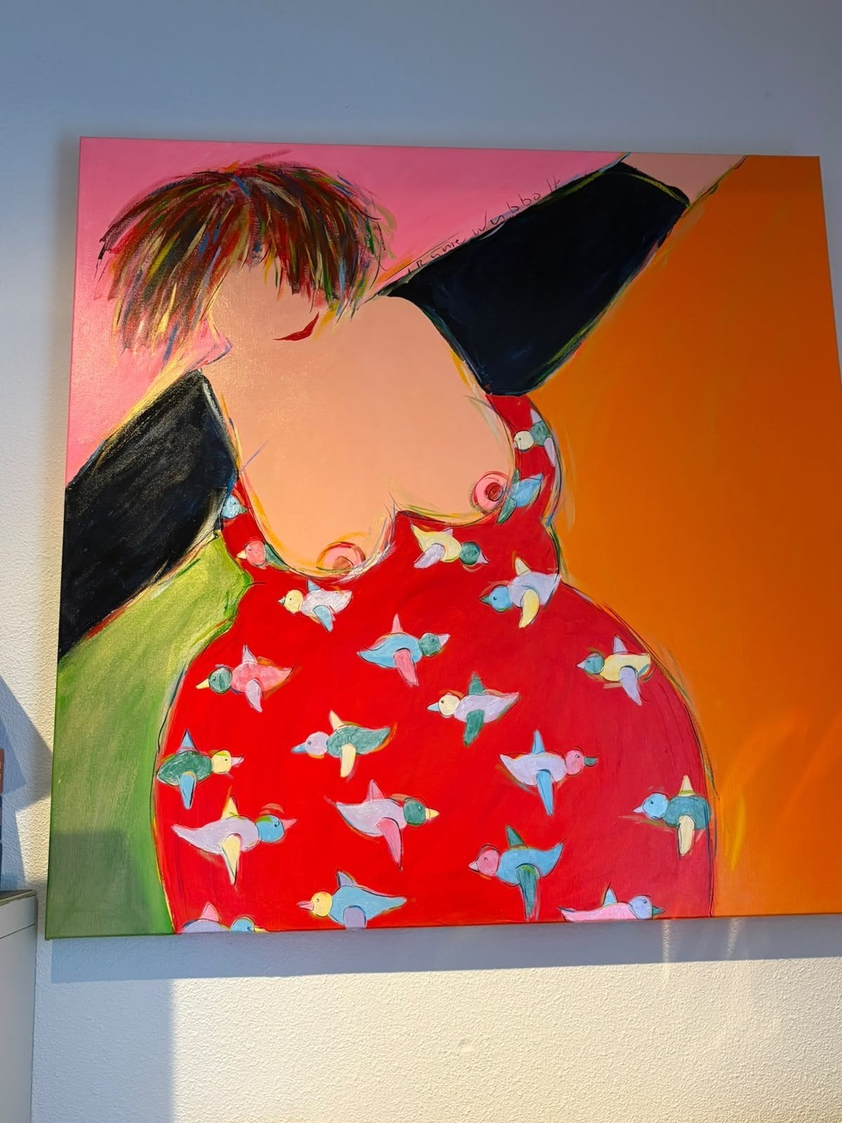 Schilderij Trijnie Wubbolt - Vrolijke Vrouw 125x125 cm, Ophalen, Gesigneerd, Textiel, Figuren