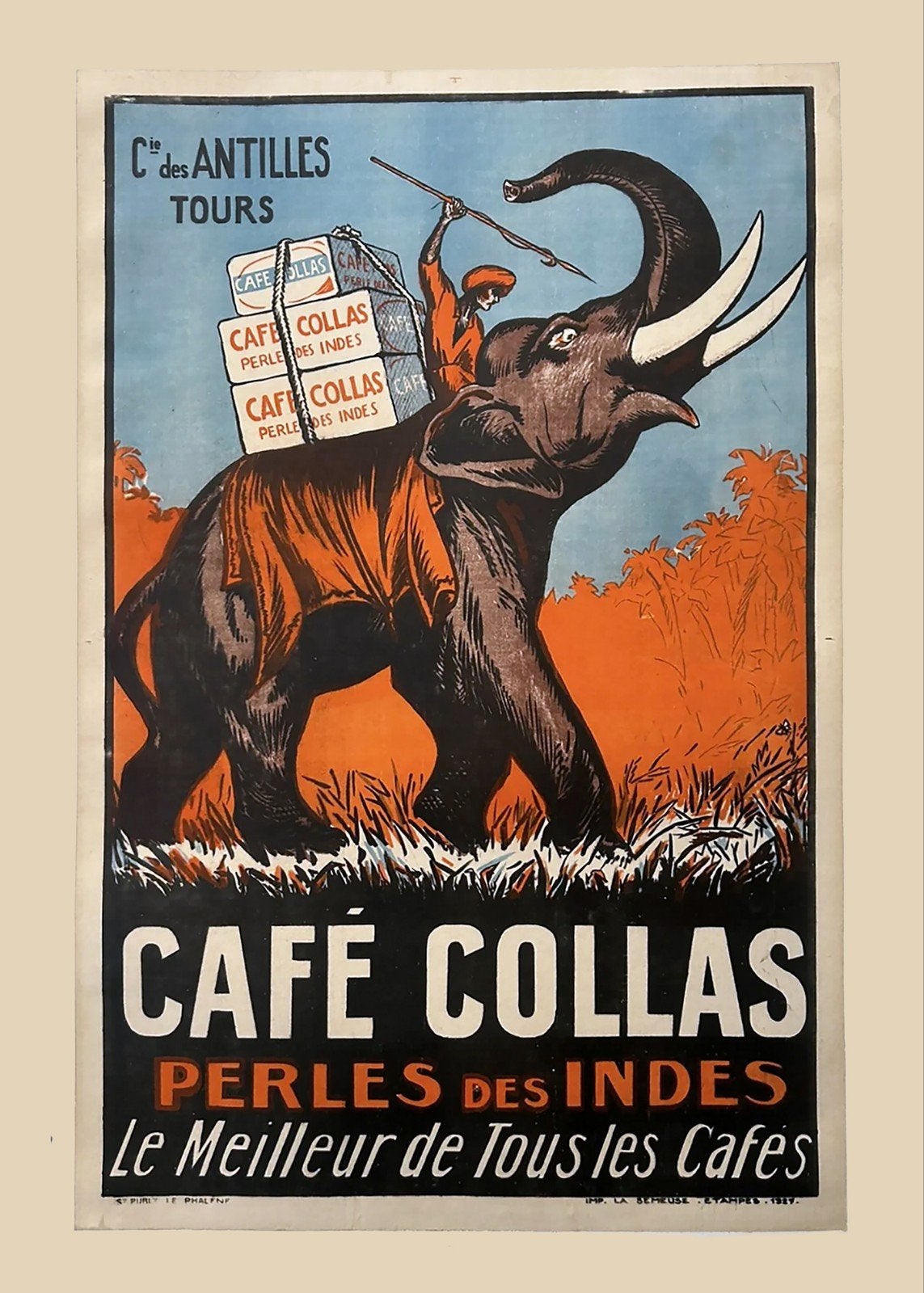 Vintage Café Collas Poster: Olifant met Koffie, Ophalen of Verzenden