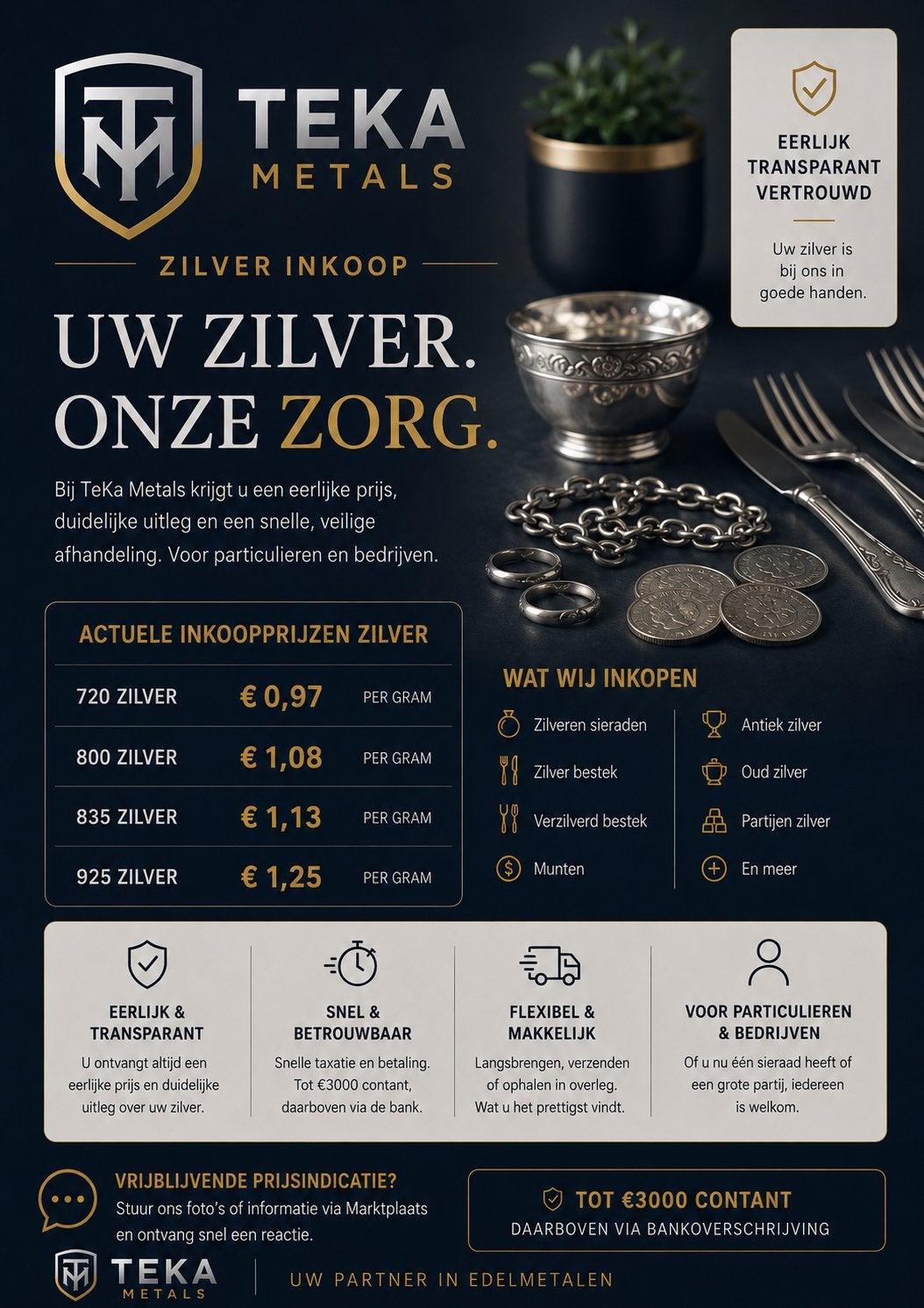 Zilver verkopen? U bent bij TeKa Metals in goede handen., Ophalen of Verzenden, Zilver