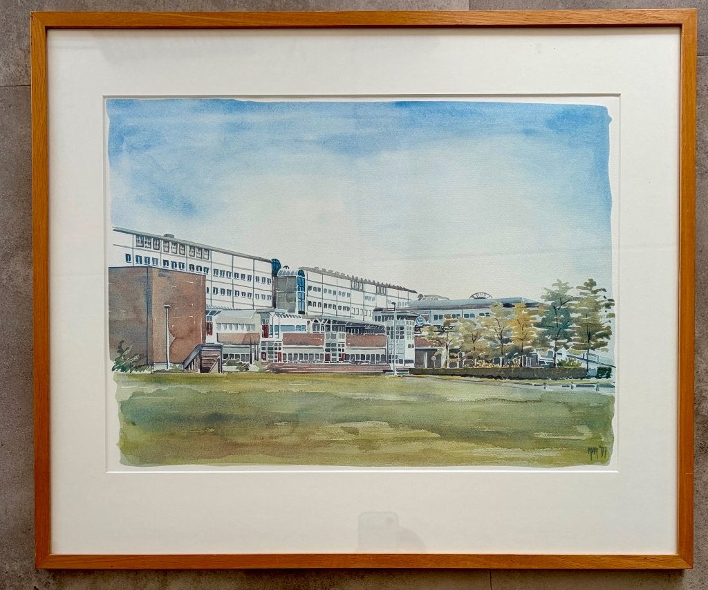 Aquarelprint UMC Utrecht in blankhouten lijst achter glas., Met glas, Gebruikt, Ingelijst werk, 52 cm
