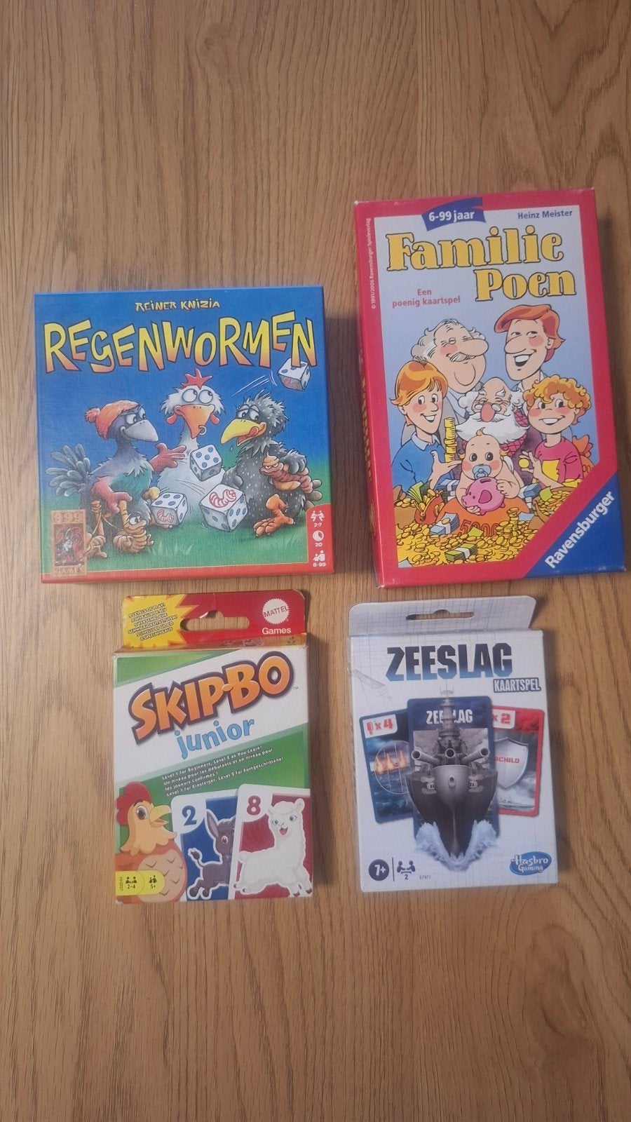 Bordspellen set: Regenwormen, Familie Poen, Skip-Bo, Zeeslag, Hobby en Vrije tijd, Gezelschapsspellen | Kaartspellen, Vijf spelers of meer