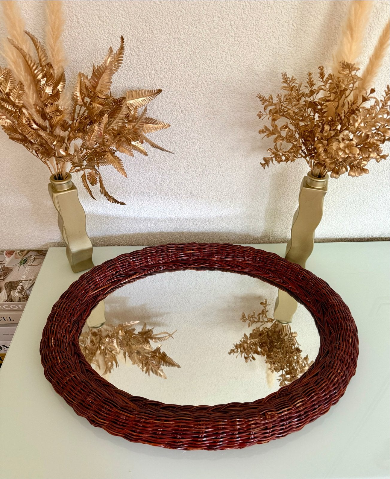Vintage Ovale Rotan Spiegel - Boho Retro Stijl, Gebruikt, Ophalen of Verzenden, Minder dan 100 cm, Ovaal