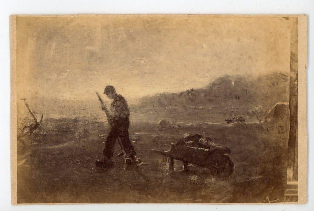 Cabinet foto van schilderij: Turfsteker in landschap, Antiek en Kunst, Realistisch, Overige technieken, Ophalen of Verzenden, Landschap
