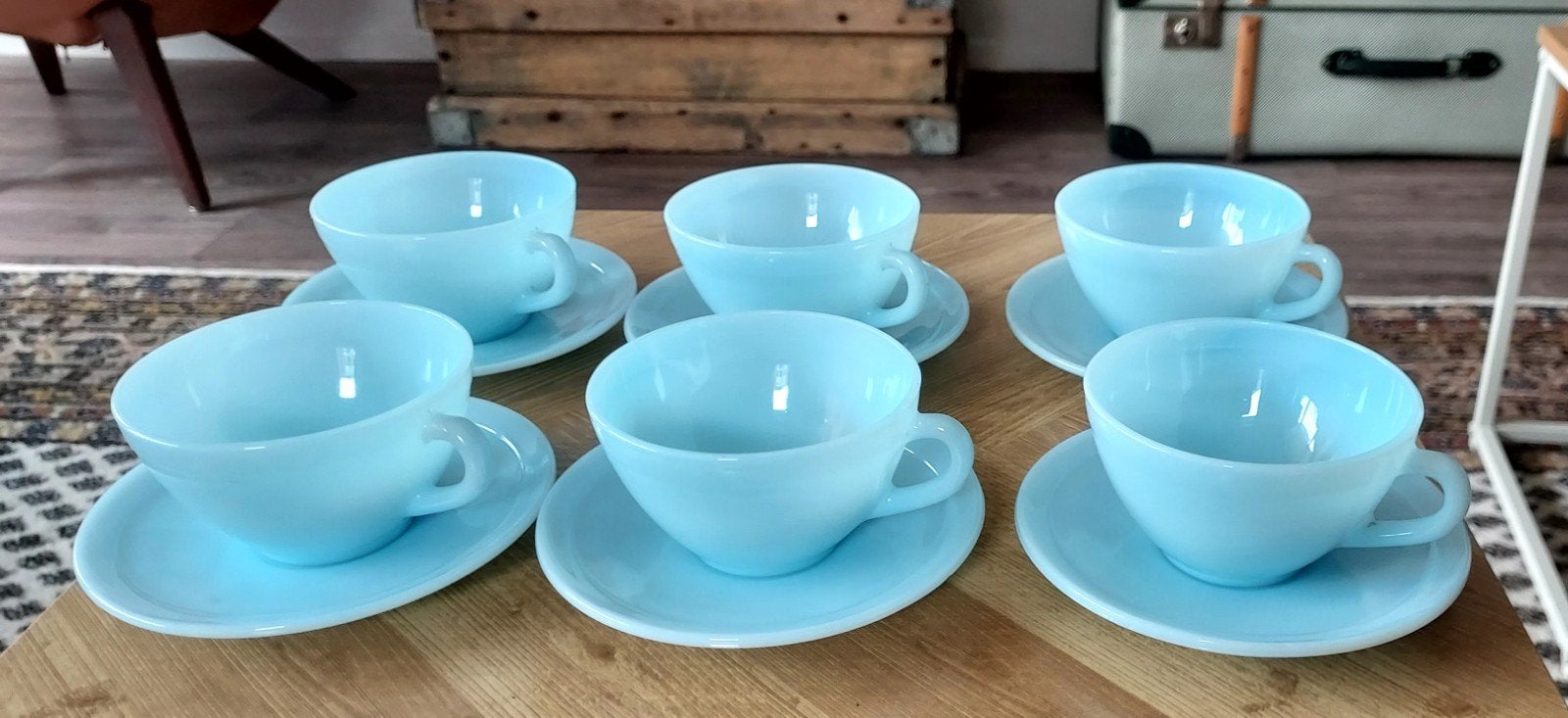 Vintage Duralex Azurite theekopjes en schoteltjes (6-delig), Ophalen of Verzenden