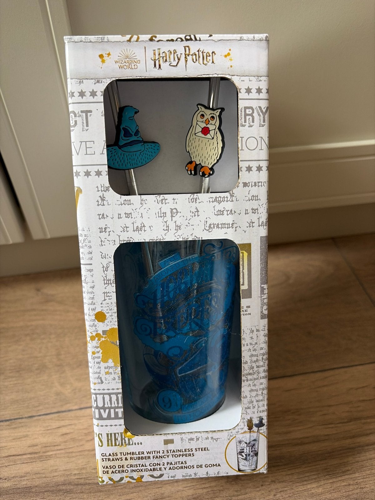 Harry Potter Glazen Beker met RVS Rietjes en Toppers, Blauw, Overige stijlen, Nieuw, Ophalen of Verzenden