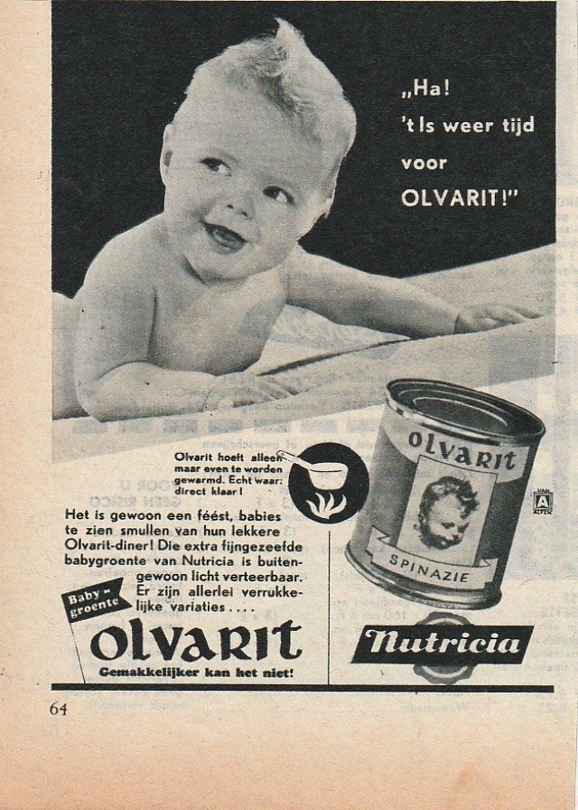 Retro reclame 1955 Nutricia Olvarit baby gewoon 'n feest, Verzenden, Overige typen