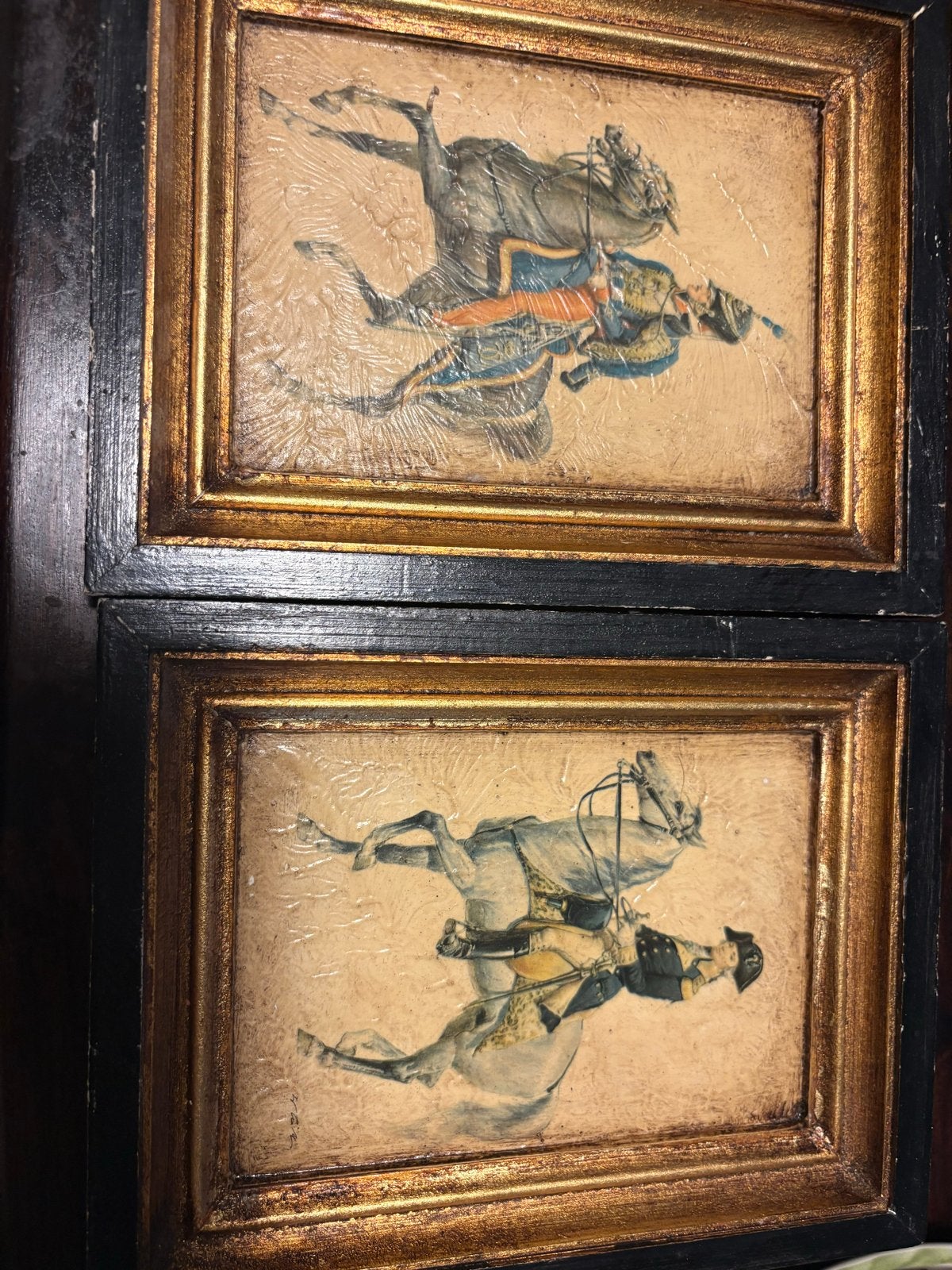 Twee antieke schilderijen van ruiters te paard, Doek, Portret of Personen, Ophalen of Verzenden, Olieverf