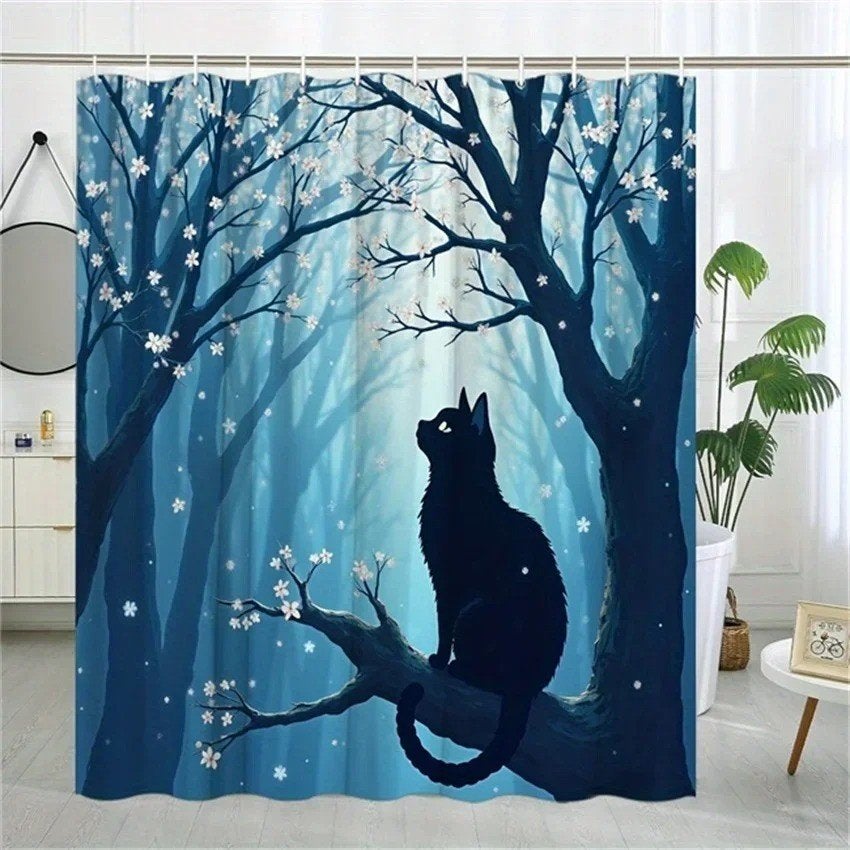 Douchegordijn Mystieke kat bij nacht (180x200cm), Ophalen of Verzenden, Nieuw, Overige typen