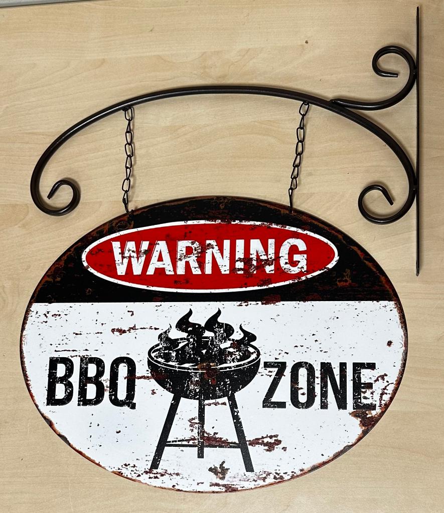 Warning BBQ Zone uithangbord reclamebord van metaal deco