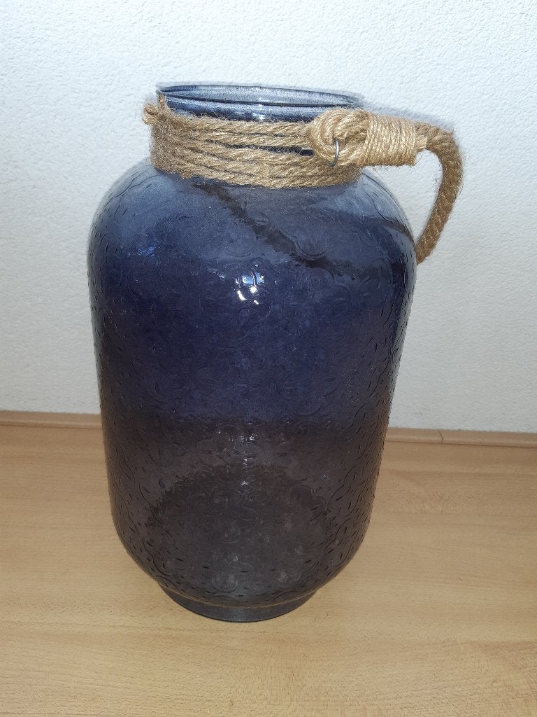 Windlicht / vaas blauw reliëfglas, Ophalen, Blauw, Met handvat, 40 cm