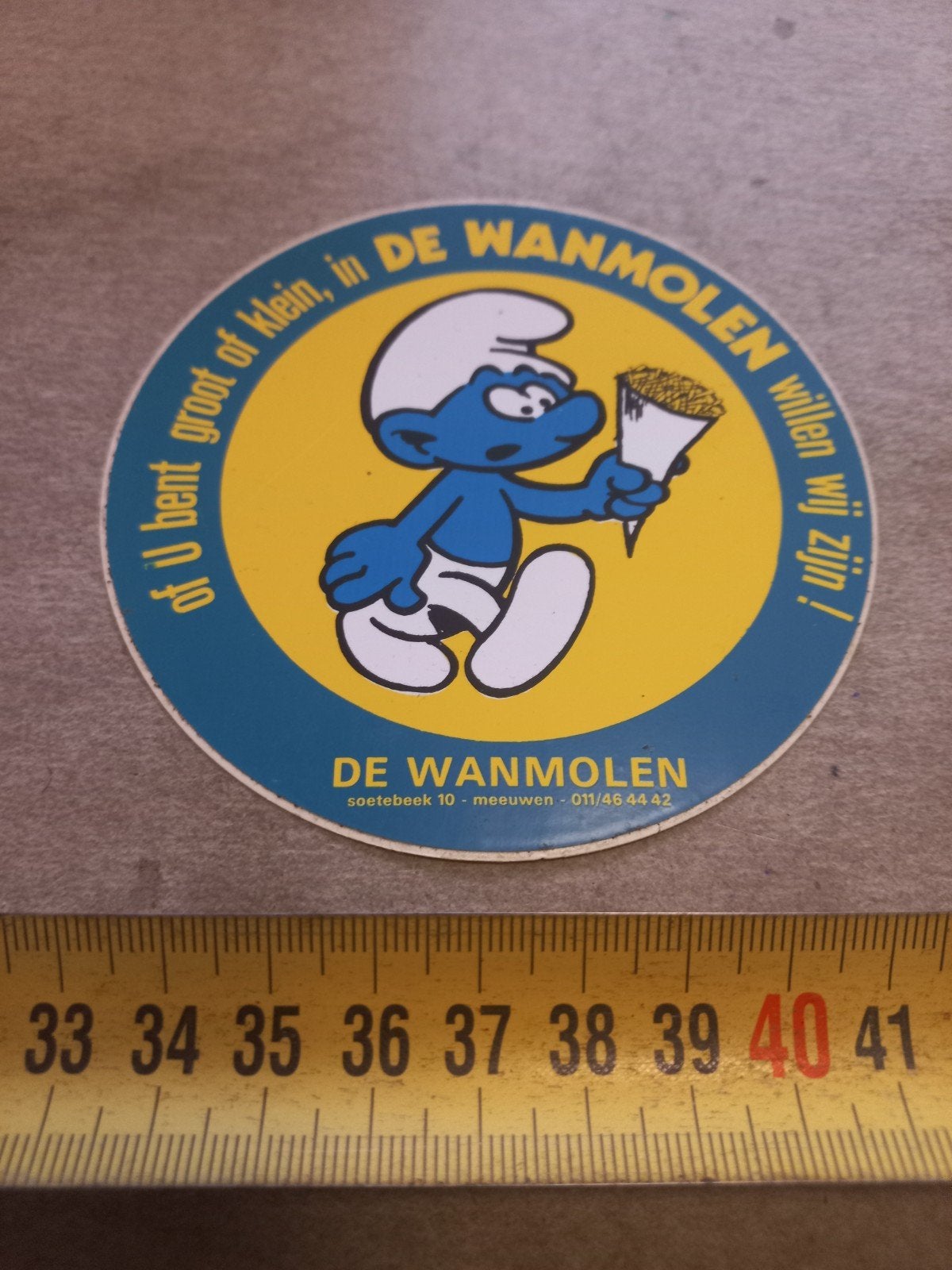 Vintage Smurfen sticker - De Wanmolen, Ophalen of Verzenden, Gebruikt, Strip of Tekenfilm